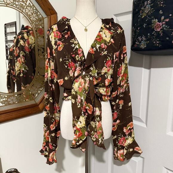 VTG Dark Brown & Multicolor Floral Ruffled Long Flare Sleeve Open Front Cardigan - Picture 2 of 8